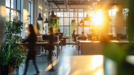 Startup teamwork, blurred people silhouettes working in a luminous workplace, modern office room