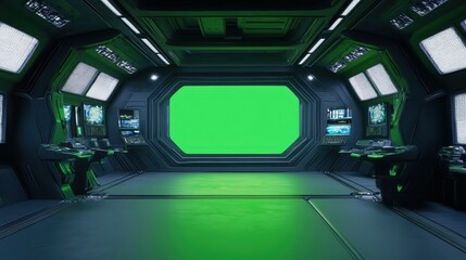 Futuristic spaceship interior featuring green screen monitors and windows, ideal for space travel visualizations 
