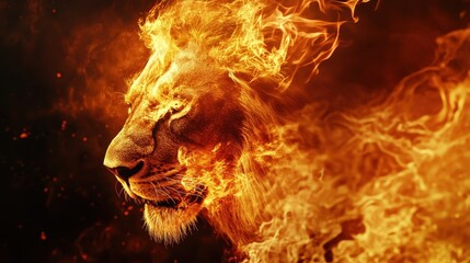 A majestic lion engulfed in flames and smoke, symbolizing faith, power, and the biblical representation of the Lion of Judah.  
