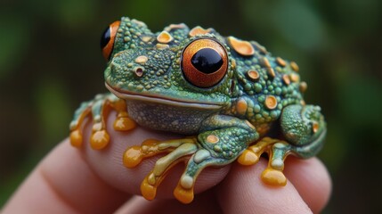 Fototapeta premium Exotic amazon milk frog with vibrant colors perched on a finger