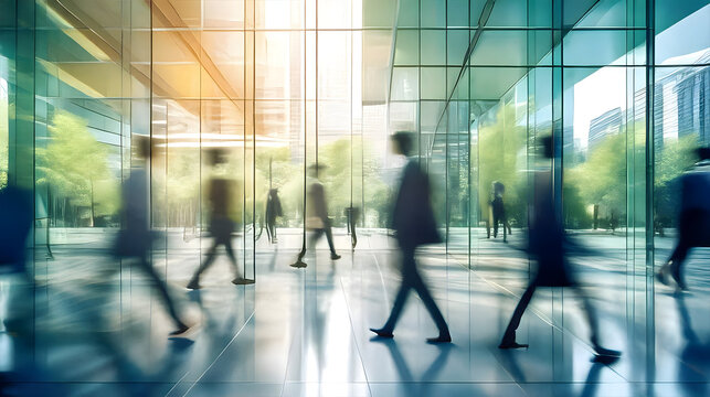 The concept of sustainability in business centers, crowds of business people walking at a corporate office in a green city downtown, abstract motion blur image with blurred background