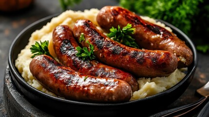 Grilled Sausages, creamy mashed potatoes and fresh parsley. Savory fried sausages and garnish,