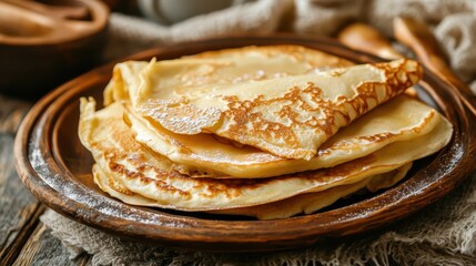 A stack of thin homemade Russian bliny pancakes, traditionally made for Maslenitsa, served warm and golden, symbolizing festivity and heritage.  
