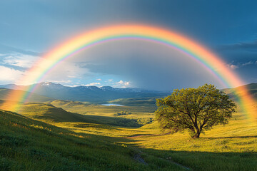 Obraz premium Lush green valley beneath a vivid rainbow with majestic mountain backdrop