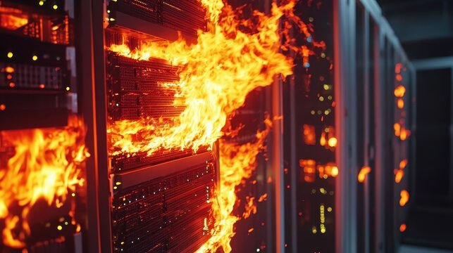 A catastrophic fire engulfs server racks in a data center, symbolizing data loss, cybersecurity risks, and technological disasters.  
