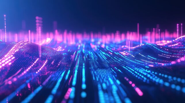 Futuristic digital landscape with flowing binary code