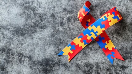 A vibrant autism awareness ribbon with a puzzle piece pattern, symbolizing support, neurodiversity, and inclusion, displayed on a textured grey background.  
