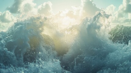 Fototapeta premium Dramatic ocean waves crashing under cloudy sky with sunlight