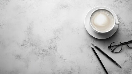 Coffee cup with glasses and pens on minimalist gray background