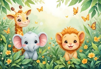 Cartoon illustration of a frame with wild animals, flowers, and birds in a spring nature design, perfect for Easter, birthday, or holiday cards