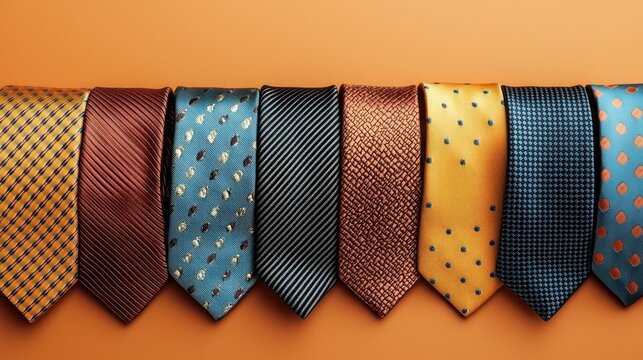 Colorful ties arranged on orange background