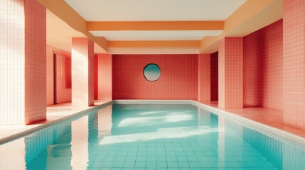Modern indoor pool with pink tiled walls and reflective water in sunny atmosphere