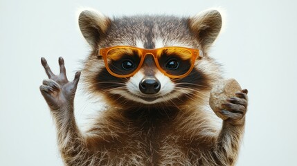 Raccoon wearing sunglasses holding a cookie and making a peace sign gesture