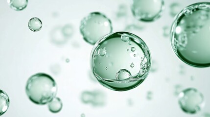 Green hued translucent bubbles varying in size, drifting and catching light, representing cleanliness, scientific precision, and natural freshness against neutral backdrop