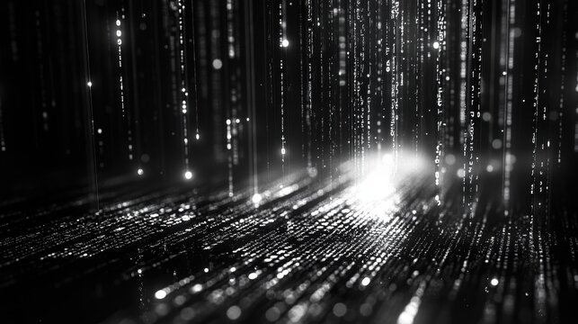Abstract glowing matrix code stream in black and white sparkling lines