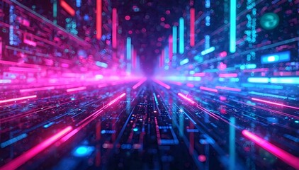 Fototapeta premium Cyberpunk-style background with neon glow and digital abstract elements. Features deep purple, electric blue, neon pink, and bright green tones with circuit patterns, luminous lines and light effects.