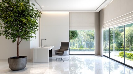 Fototapeta premium Modern home office with large windows, garden view