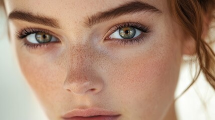 Obraz premium Close-up of young caucasian female with freckles and green eyes