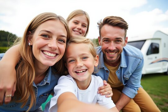 Happy Family of Four Enjoying a Summer Outing in a Scenic Campsite with Smiling Faces, Emphasizing Togetherness and Outdoor Adventures - Powered by Adobe