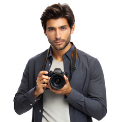 Young male photographer capturing moments outdoors with professional camera creative concept, isolated on white or transparent background