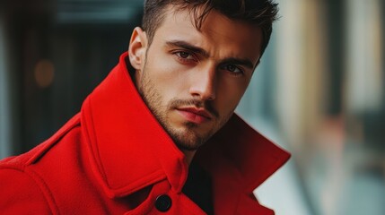 Fototapeta premium Caucasian young male in red coat with intense expression