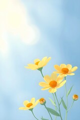 Fototapeta premium Yellow flowers on blue sky background, illustration.