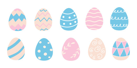 A set of cute, pastel colored Easter eggs. Traditional egg hunt.