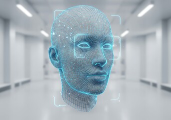 3d Model of Human Head with Face Scan Technology in Room