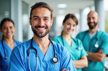 Smiling Group of Healthcare Professionals in Scrubs: Confident Caucasian Male Doctor with Stethoscope and Colleagues in a Modern Medical Facility