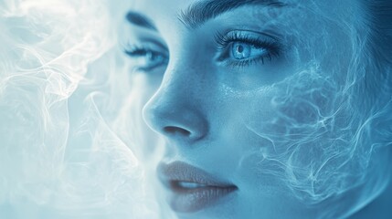 Fototapeta premium Close-up portrait of caucasian female with smoky blue aesthetic