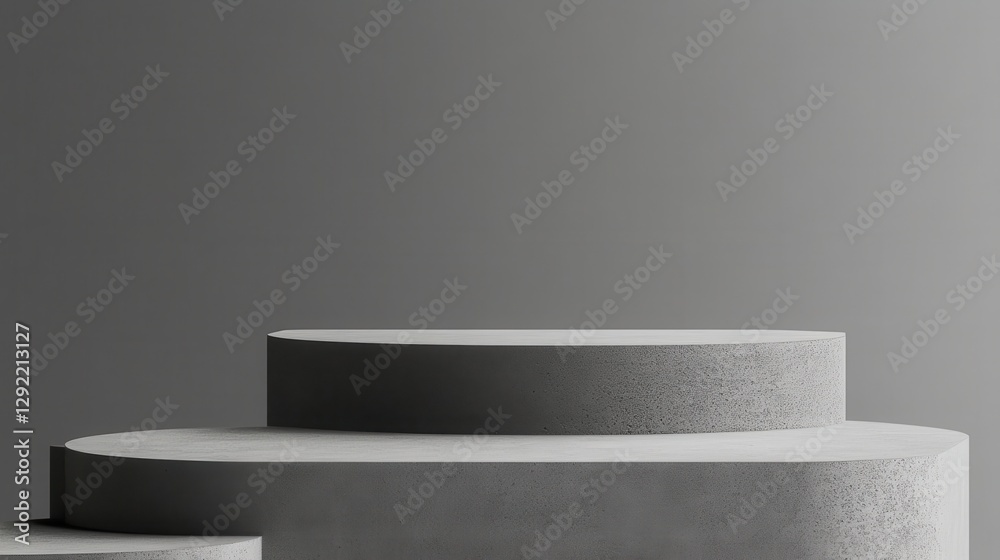 Poster minimalist gray backdrop featuring varying height concrete podiums, creating clean stepped display s