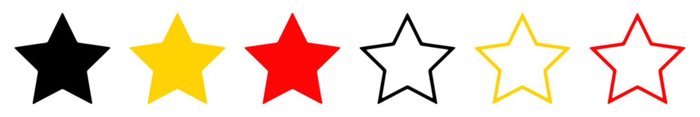 Stars collection. Star vector icons. Golden, black and red stars isolated on white background. Vector illustration
