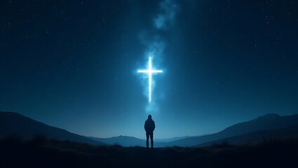 Fototapeta premium Lone Figure Under a Starry Night Sky with a Radiant Cross Constellation 
