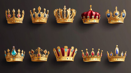 Set of golden crowns for king or queen, colorful crowning headdress for Monarch. Royal gold monarchy medieval emperor coronation symbol, isolated imperial game assets, Realistic 3d vector illustration