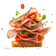 sliced pork ham with vegetables on bread, isolated and floating in the air, with spices and tomato