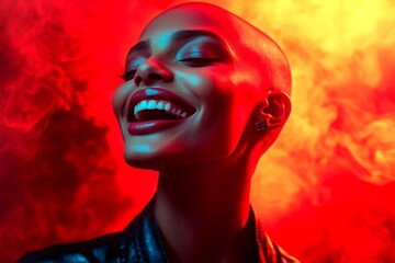 Fototapeta premium Gorgeous smiling mixed-race girl - for ads, poster and social networks use. Commercial marketing concept visual drawing. Short haircut - bald head - no hair. Black woman photography.