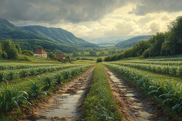 Naklejka premium Tranquil Valley Farm, A Rural Landscape with Lush Greenery