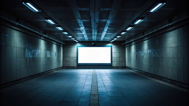 an empty urban tunnel with bright advertising board. The tunnel is lit by fluorescent lights and has a dark and industrial aesthetic.