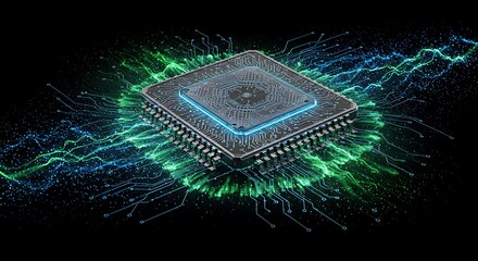 Computer Chip Close-up with Flowing Green and Blue Digital Light