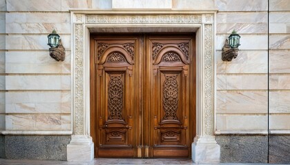 double wooden door in ornate marble frame