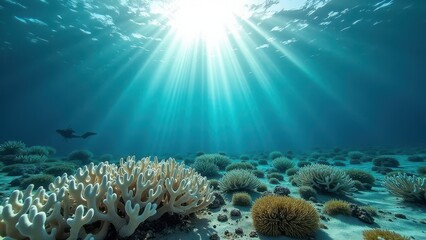 Sunlit coral reef underwater showing bleaching due to climate change	