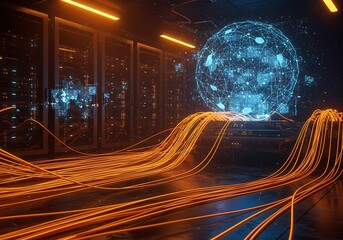 Data Center with Servers Globe and Cables Connecting to Network