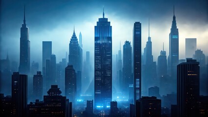 Obraz premium an epic cityscape of skyscrapers under a moody, atmospheric sky. The tall buildings reach up, their silhouettes and the misty atmosphere create a dramatic scene