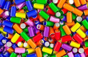 Colored drink metallic cans background, wallpaper. 3D rendering