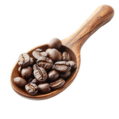 Fototapeta premium Roasted coffee beans nestled in a wooden spoon against a Transparent background, roasted coffee beans in wood spoon isolated on PNG background