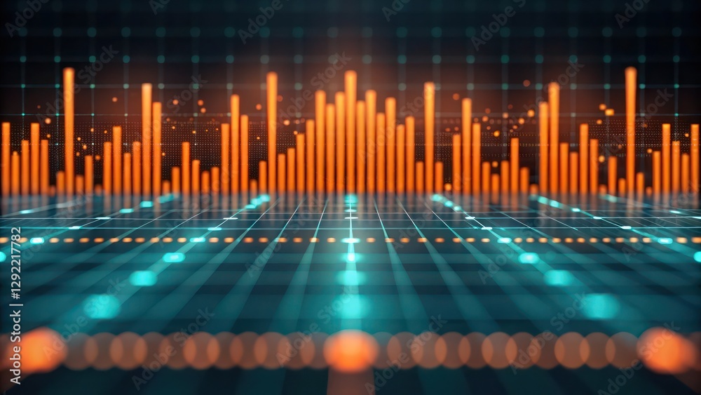 Poster dynamic digital sound wave visualization, representing audio frequencies and data analysis