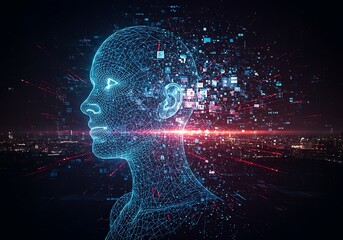 Digital Head in Cityscape Future Ai Data Technology Concept