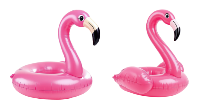 Vibrant Pink Flamingo Inflatable Pool Floats Offering Fun and Stylish Summer Vibes for Poolside Relaxation and Water Activities, Isolated on Transparent and White Background