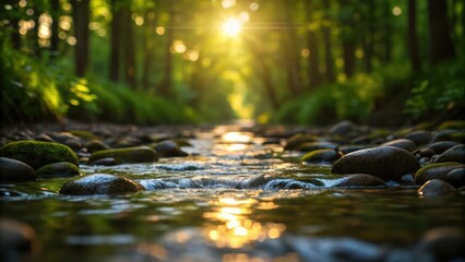 Fototapeta premium a crystal-clear stream flowing through a sunlit forest, creating a serene and enchanting scene. The water glistens, reflecting the sunlight that filters through the trees