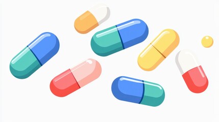 Vibrant pharmaceutical capsules cascading on white surface, symbolizing medical innovation, drug research, and healthcare advancements